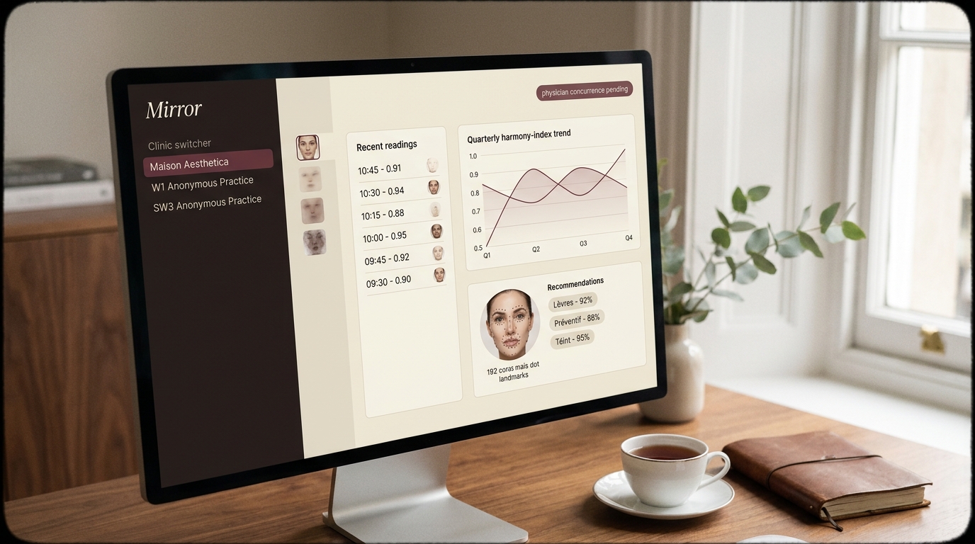 A photograph of the Mirror admin interface on a desktop monitor, showing recent readings, a quarterly harmony-index trend chart, and a current reading detail with 192 anatomical landmarks.