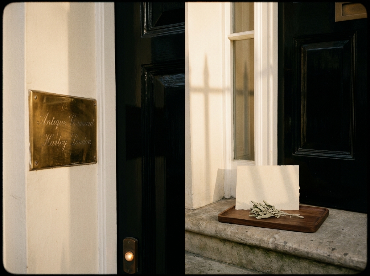 A brass nameplate on a Georgian door in W1, Harley Street &mdash; a private aesthetic practice, partner of Maison Aesthetica