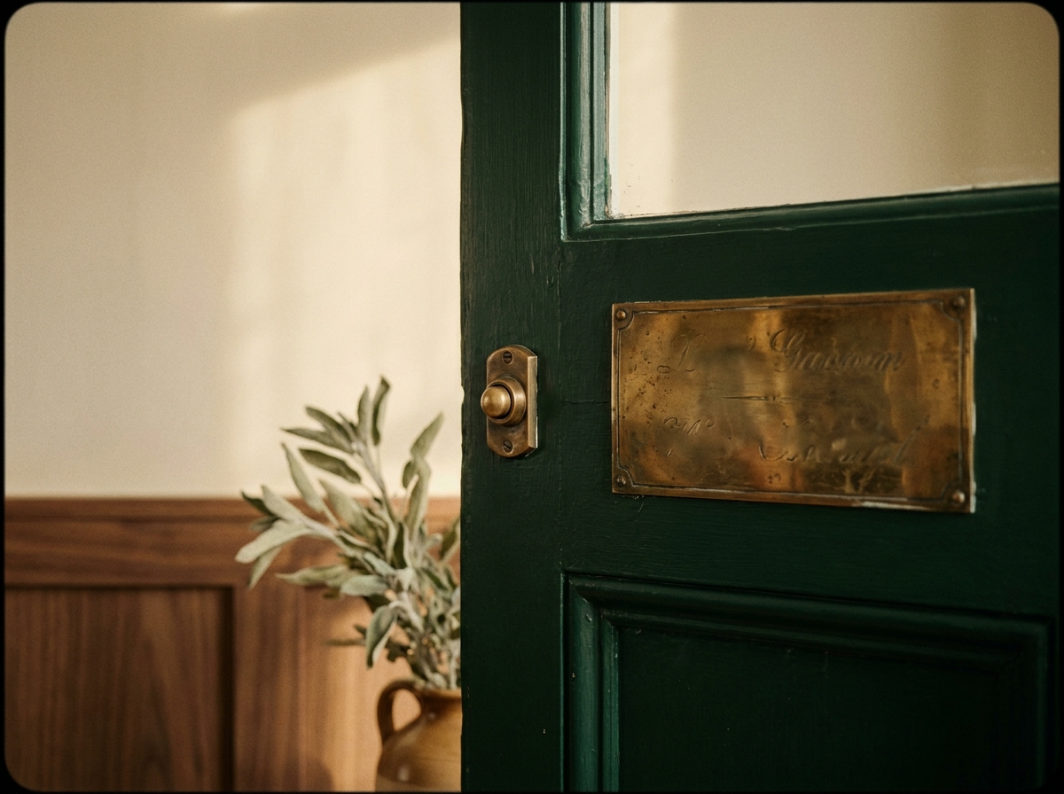 A brass nameplate beside a green Georgian door in SW1, Knightsbridge &mdash; a surgical-aesthetic practice, partner of Maison Aesthetica