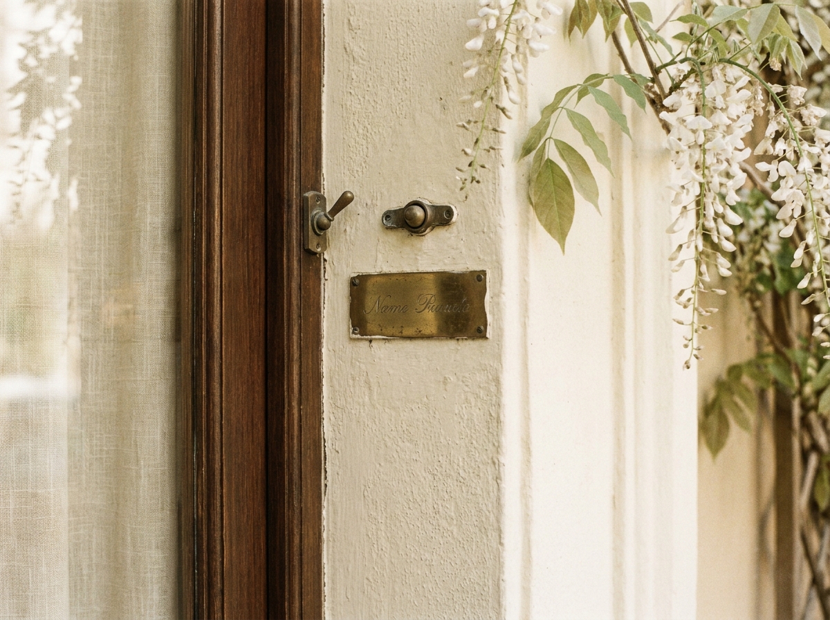 A brass nameplate on a cream-stuccoed Belgravia townhouse &mdash; a single-physician dermatology house, partner of Maison Aesthetica